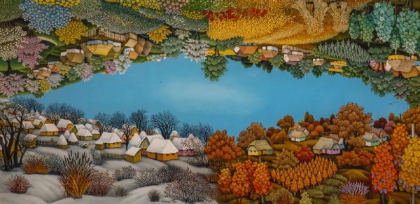 Four seasons painted in a classical naive art style on a big panorama format.