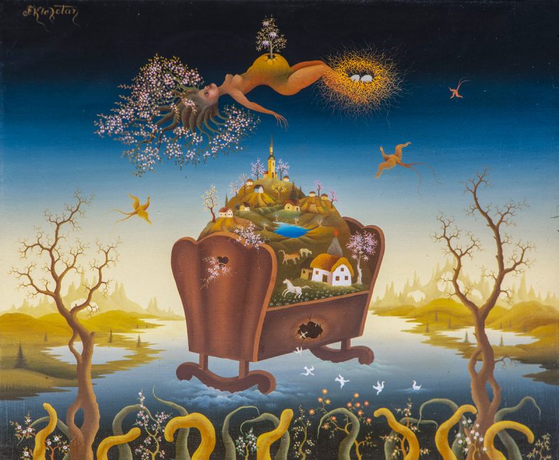 A surrealistic naive painting showing a cradle and a flying dryad.