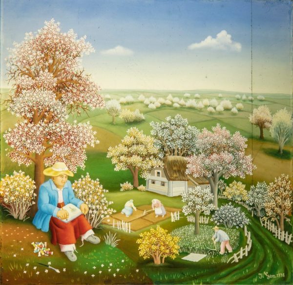 Painting of an idyllic landscape with a farm and some workers.