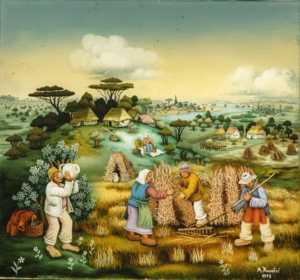 Painting of farmers harvesting crops with villages and landscape in the background