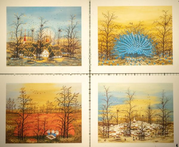 presentation of the 4 seasons in a pointilistic style. When you buy our Naive art collection you will get more of 4 season motives.