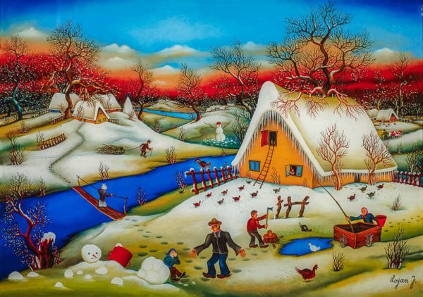 Naive Art painting of a winter landscape