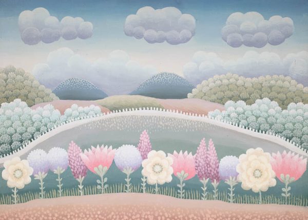naive oilpainting from our naive art collection which is for sale in pointilism style in spring pastel colours